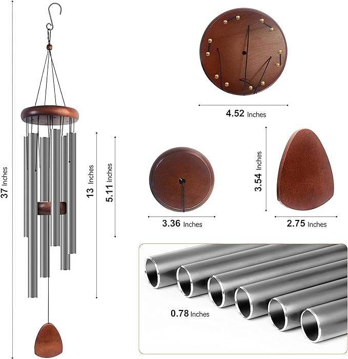 Large Aluminium Wind Chimes 37 Inches to Create a Zen Atmosphere Suitable for Outdoor, Garden, Patio Decoration. Classic Wind Chimes with Wind Catcher Suitable as A Gift for Unisex,Silver Grey-Ruum Studio Home