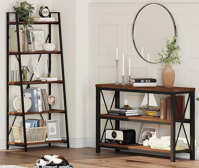 BON AUGURE Rustic Entryway Table, Farmhouse Hallway Table, Console Tables for Entryway, 3 Tier Sofa Tables for Living Room, Industrial Entry Table (47 Inch, Rustic Oak)-Ruum Studio Home