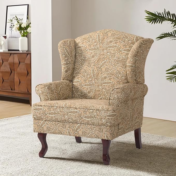 Accent Chair, High Back Upholstered Armchair with High Resilience Sponge & Wood Legs, Mid-Century Modern Comfy Single Sofa Reading Chairs for Living Room, Bedroom (Floral Light Brown, Set of 1)-Ruum Studio Home