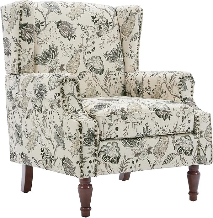 UIXE High Back Floral Accent Chairs Set of 2, Upholstered Armchair in Fabric, Retro Printed Wingback Arm Chair for Living Room, Nailhead Trim Single Sofa Bedroom Reading Seat - Plants Beige-Ruum Studio Home