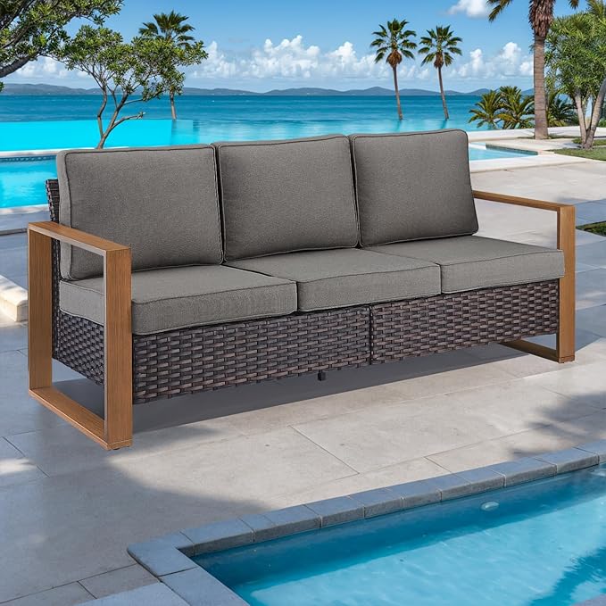 Outdoor Couch Wicker Patio Sofa, Rattan Patio Furniture Sofa with Sturdy Frame,All-Weather PE Wicker,Wide Armrest,Deep Seating and Thick Cushions for Deck Porch Garden(Brown/Grey)-Ruum Studio Home