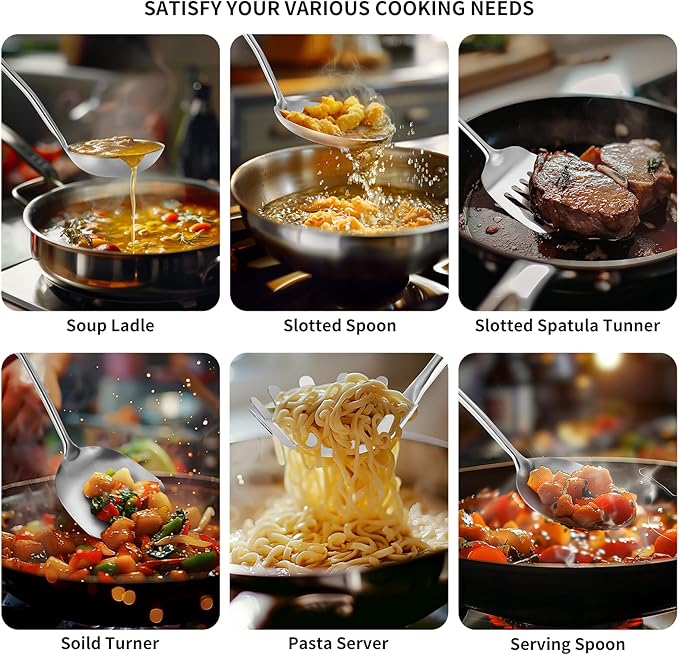304 Stainless Steel Cooking Utensils,6 Pcs Kitchen Cooking Utensils Set with Spatula, Solid Spoon, Ladle, Skimmer, Spaghetti Spoon,Dishwasher Safe-Ruum Studio Home