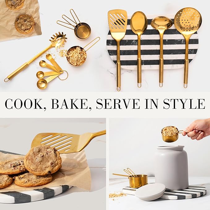 Gold Cooking Utensils with Measuring Cups and Spoons Set - 13-Piece Luxury Gold Kitchen Accessories Includes Metal Measuring Cups and Spoons for Baking, Cooking, and Elegant Kitchen Decor-Ruum Studio Home