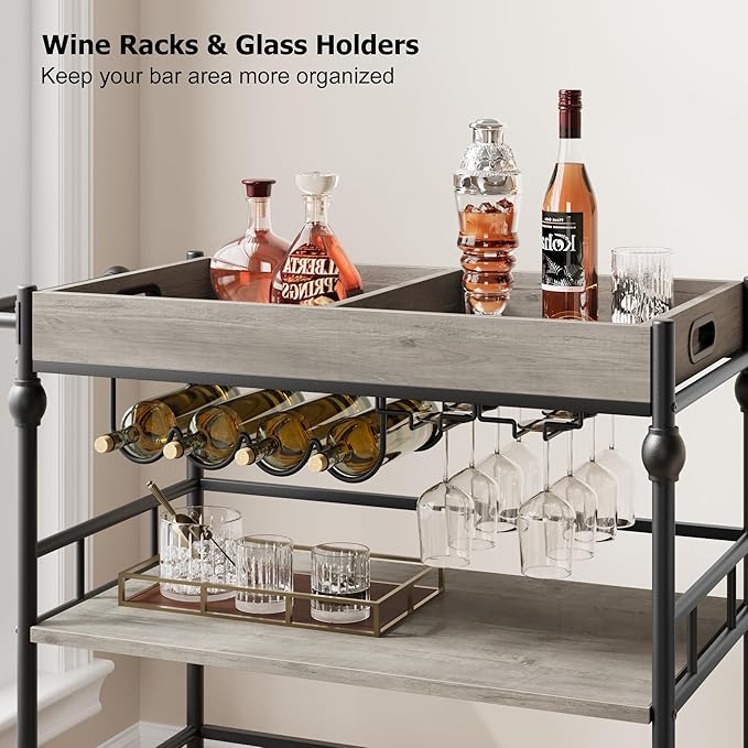 GarveeHome Bar Cart, Bar Carts for The Home, 3 Tier Serving Cart with Wheels, Home Bar & Serving Carts, Metal Rolling Cart with Wine Rack & Removable Tray for Kitchen, Dining Room, Living Room-Grey-Ruum Studio Home