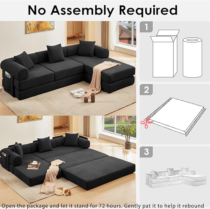 107" Oversized Convertible Sleeper Sofa Bed, Corduroy L Shape Sectional Couch, Folding Sofa Bed with Side Pocket, Modern Cloud Floor Mattress Couch, Modular Sofa for Living Room, Black-Ruum Studio Home