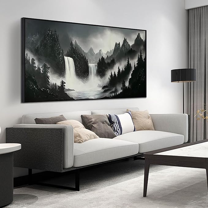 Hand Painted Mountains Painting for Living Room - Waterfall Canvas Wall Art for Office - Large Framed Wall Art Bedroom Size 29" x 59"-Ruum Studio Home