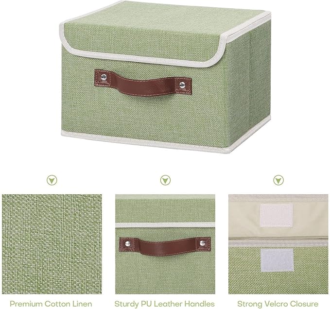 ANMINY Storage Bin with Lid Storage Boxes with PU Leather Handles PP Plastic Board Decorative Foldable Lidded Cotton Linen Fabric Home Cubes Baskets Closet Organizer Container - Green, Small Size-Ruum Studio Home