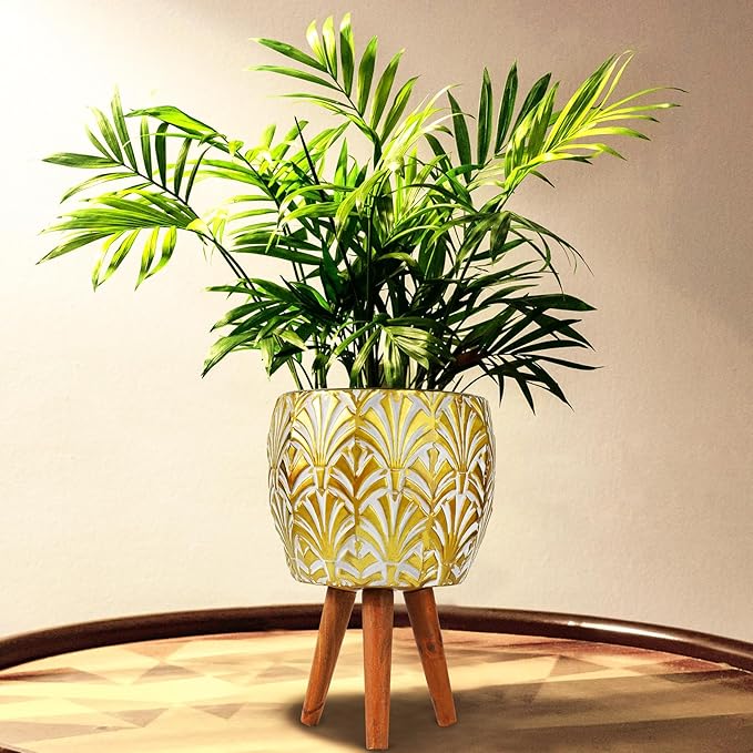 Harvest Land Plant Pots with Stand, Set of 2 Large Modern Planters Metal Tall Handmade Flower Pots with Drainage Holes Indoor Outdoor,Gold-Ruum Studio Home