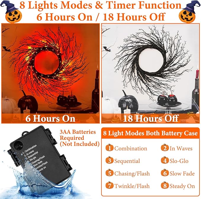 7 Ft Halloween Decorations Willow Vine Twig Garland with 8 Modes Timer 63 LED Orange Lights, Halloween Garland with Waterproof Battery Operated for Wall Fireplace Decorations Indoor Outdoor-Ruum Studio Home
