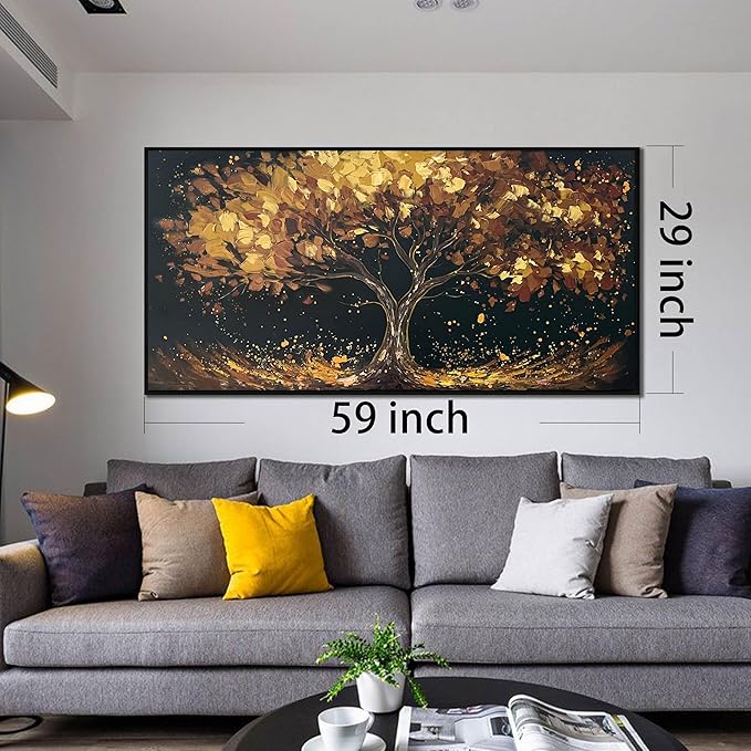 Tree Painting Wall Art for Office - Hand Painted Gold and Black Canvas Wall Art for Living Room - Black Framed Wall Art for Bedroom Size 29" x 59"-Ruum Studio Home