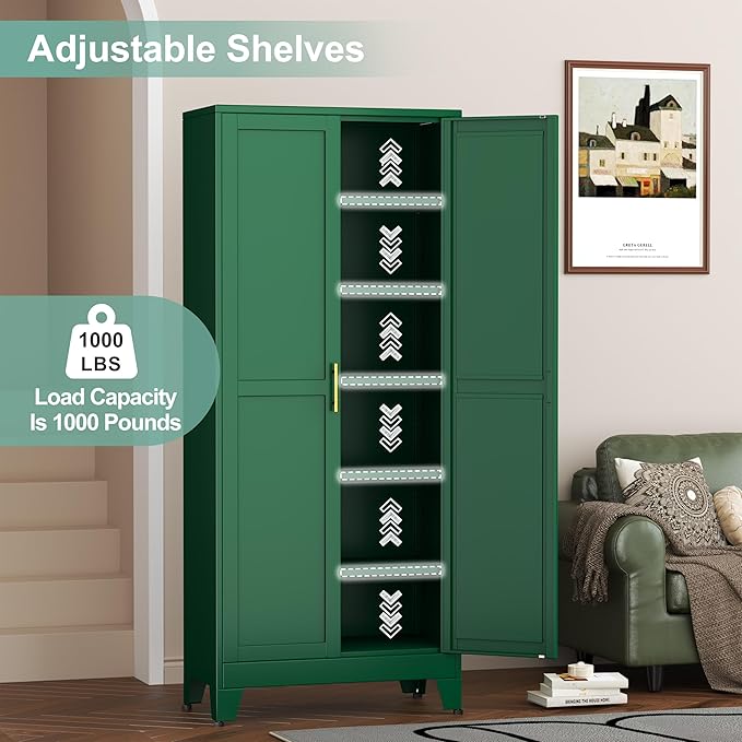 Metal Pantry Cabinet with 2 Doors and 5 Adjustable Shelves, 75" Kitchen Storage Cabinet with Gold Handles, Versatile Storage for Laundry, Living, Bathroom, Dining, Utility Room - Green-Ruum Studio Home