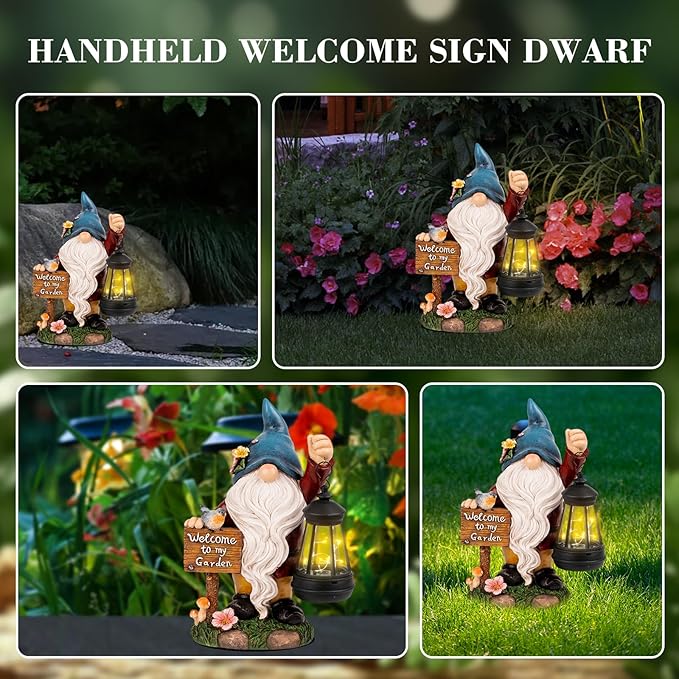 Garden Gnome Statues Figurine Lights - Solar Powered Lighting Outdoor Decorations with Lantern & Welcome Sign, Yard Art Lawn Ornaments for Porch Patio Balcony - Gnome Gifts for Women Mom-Ruum Studio Home