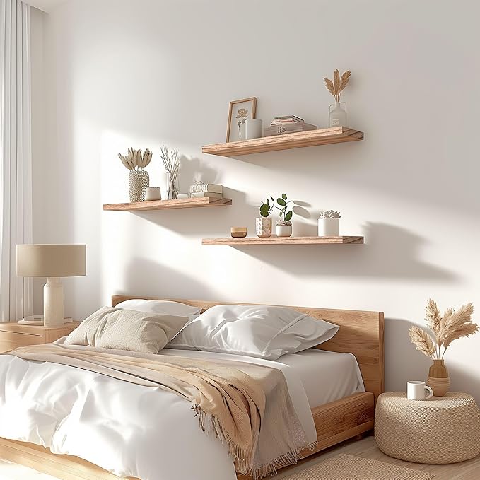 Wood Floating Shelves for Wall Decor, Rustic Wall Shelves for Bedroom Bathroom Kitchen Living Room, Set of 4 Light Walnut 24 Inch-Ruum Studio Home