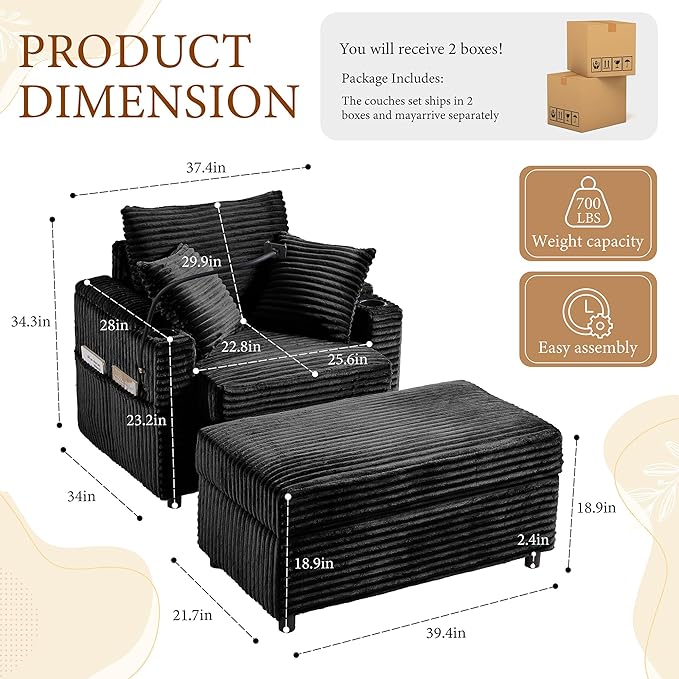 Accent Chair with Storage Ottoman Upholstered Living Room Chairs for Reading Chair with Chaise Lounge Chairs Indoor, Comfortable Armchair for Bedroom-Ruum Studio Home