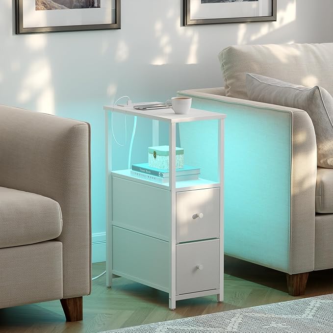 TUTOTAK Small Narrow LED End Table with Charging Station, Side Table Outlets, Nightstand with 2 Cloth Drawers, Couch Table, for Living Room, Bedroom, Bedside, White TB01BW085L-Ruum Studio Home