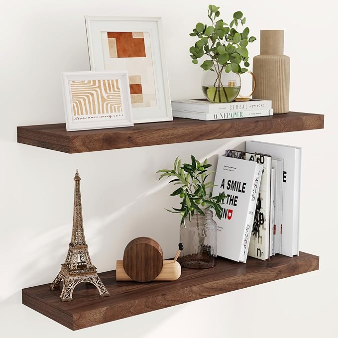Fun Memories Rustic Wood Floating Shelves for Wall, 36 x 9 Wall Shelves Set of 2, Deep Floating Shelf for Kitchen, Living Room Storage & Display, Deep Wooden Bookshelf, Walnut Color-Ruum Studio Home