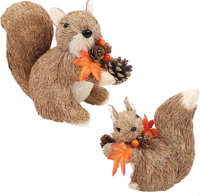 winemana Set of 2 Fall Table Decor-Squirrels with Leaves Pine Cones Thanksgiving Home Decorations Indoor Sisal Figurines, Cozy Fall Office Harvest Centerpiece Christmas Kitchen Décor-Ruum Studio Home