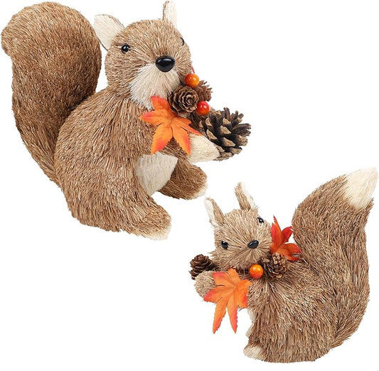 winemana Set of 2 Fall Table Decor-Squirrels with Leaves Pine Cones Thanksgiving Home Decorations Indoor Sisal Figurines, Cozy Fall Office Harvest Centerpiece Christmas Kitchen Décor-Ruum Studio Home