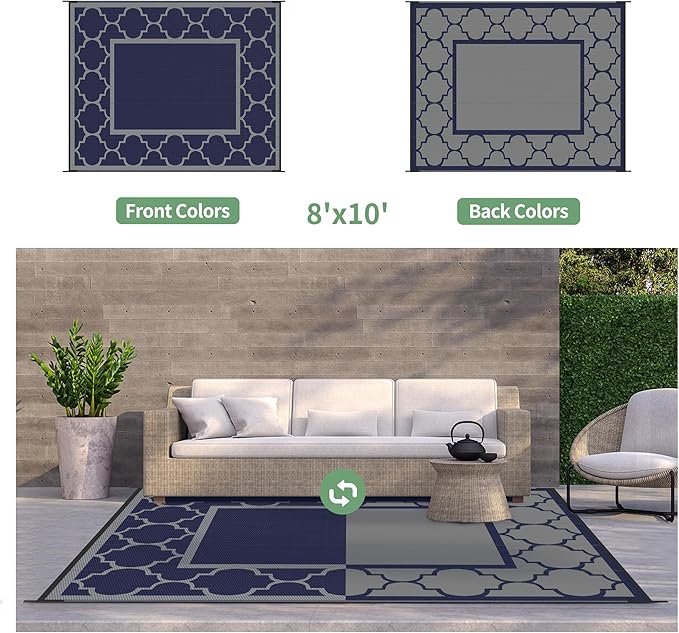 GENIMO Outdoor Rug 8' x 10' Patio Waterproof, Foldable Reversible Plastic Straw Area Rugs Mat for Camper Decor, Outside Carpet for Rv, Deck, Porch, Picnic, Beach, Balcony, Blue & Grey-Ruum Studio Home