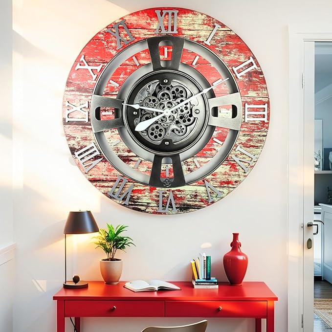 The Gears Clock Real Moving Gear Wall Clock England Line (Red Lava, 24 inches (60 cm))-Ruum Studio Home