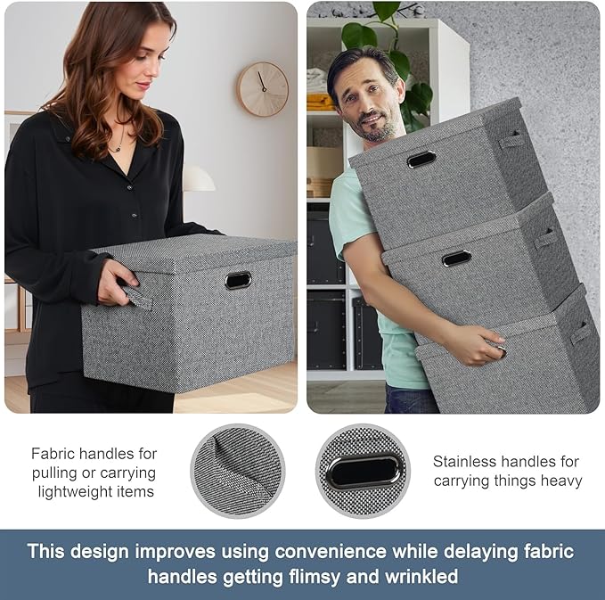 Large 17" 36 Quart Collapsible Stackable Storage Bins with Lids, 3 Packs Black and White Mix Linen Fabric Closet Boxes with Lids, Storage Cube Baskets Container Organizers (17x12x11)-Ruum Studio Home