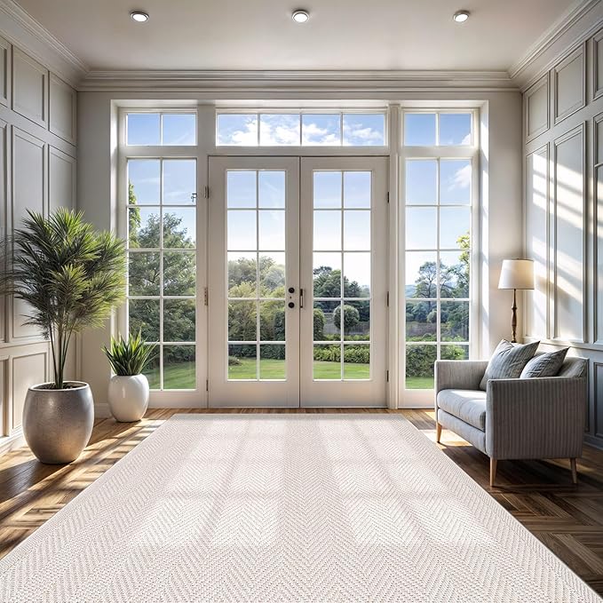 CAMILSON Easy Jute Rug 9x12, Indoor Outdoor Off-White Color Fiber Area Rugs for Living Room and Patio Rug Herringbone Seagrass Boho Woven Design Easy-Cleaning Washable Outside Carpet Alfombras 9 x 12-Ruum Studio Home