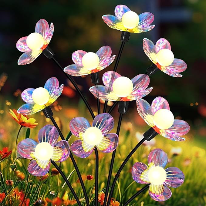 Solar Garden Lights Outdoor, New Upgraded 4-Pack Firefly Solar Lights with Iridescent Petals & Warm White Glow - Waterproof Wind-Swaying Decor for Yard, Patio-Ruum Studio Home