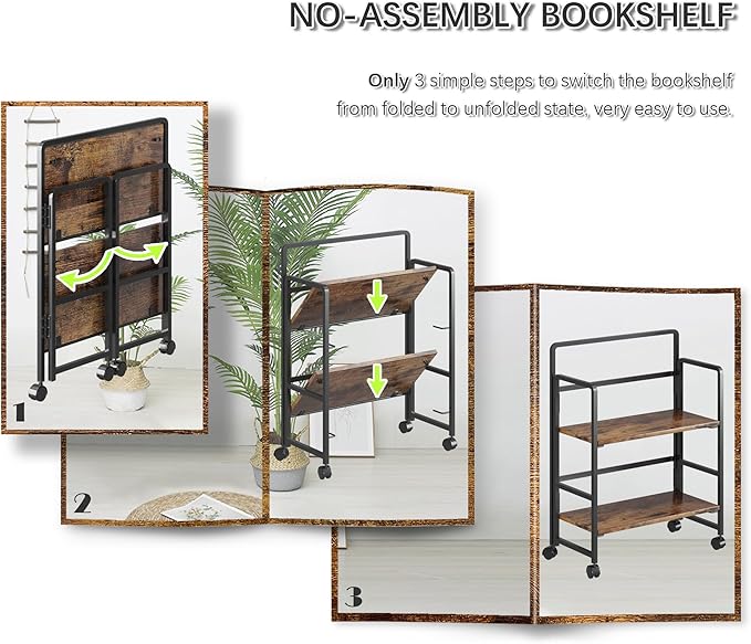 4NM 2 Tiers No-Assembly Folding Bookshelf with Wheels, Portable Rolling Storage Bookcase & Compact Side Table for Living Room, Bedroom, Kitchen, Bathroom (Rustic Brown and Black)-Ruum Studio Home