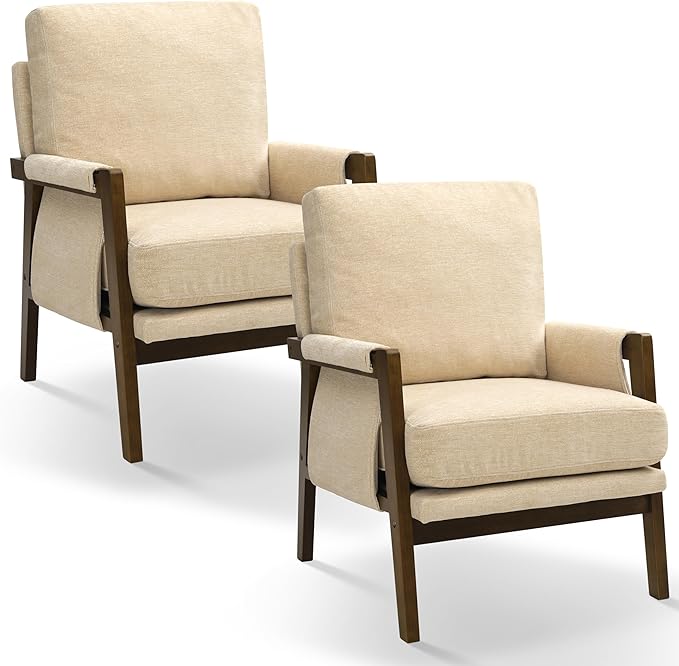 Modern Accent Chairs Set of 2 for Living Room Mid Century Arm Chairs Upholstered Bedroom Chairs Comfy Lounge Chairs with Solid Wood Frame, Beige-Ruum Studio Home