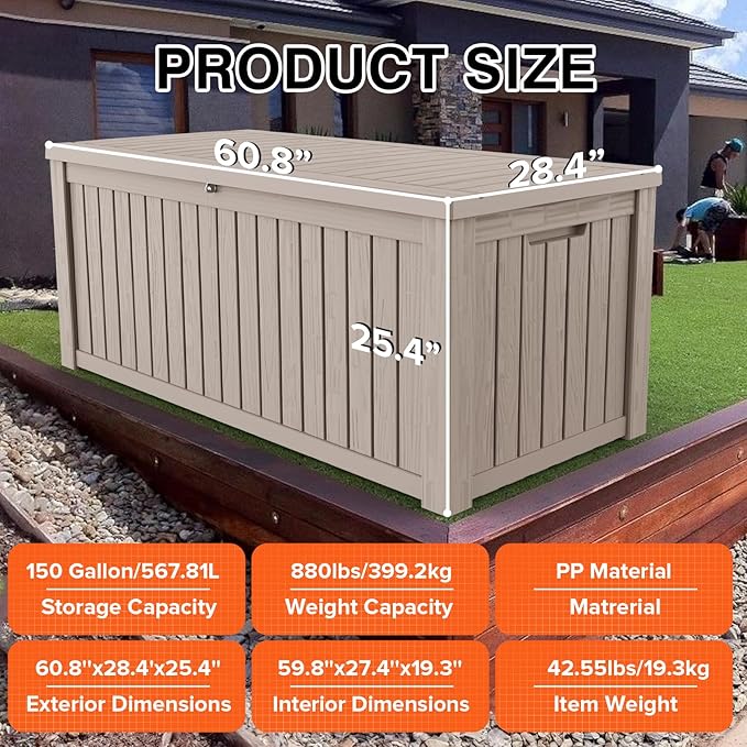152 Gallon Deck Box Waterproof, UV Resistant Resin Outdoor Storage Box with Hydraulic Rod, Lockable Design and Enhanced Durability for Patio, Garden, and Poolside Use-Ruum Studio Home