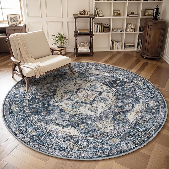 AMOAMI-6FT Round Rug-Rugs for Living Room-Vintage Soft Blue Rugs for Bedroom-Non Slip Circle Rug-Machine Washable Rug for Dining Room Living Room Bedroom Office Under Table-Ruum Studio Home