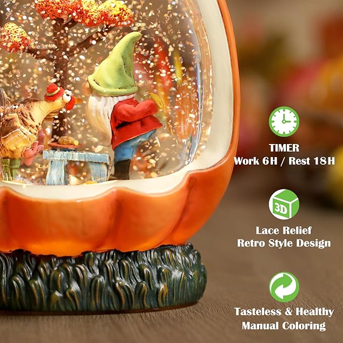 Fall Snow Globe Pumpkin Fall Decorations for Home Gnome Turkey Swirling Glitter Timer Thanksgiving Gift Autumn Harvest Fall Decor-Ruum Studio Home