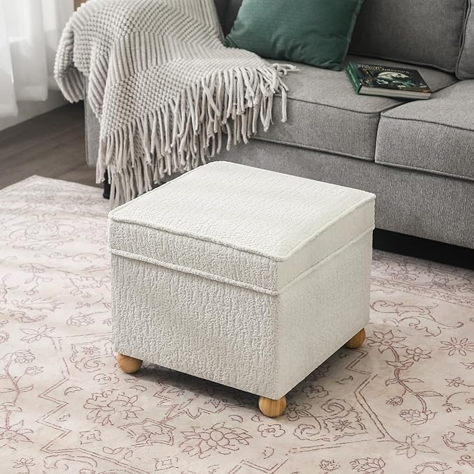 Adeco 17 Inch High Faux Fur White Cube Ottoman Storage, 3D Embossed Velvet Chair Foot Stools, Upholstered Vanity Stool with Hinged Lid, Solid Round Wood Legs-Ruum Studio Home