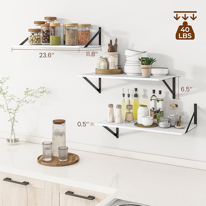 Heimlove 24" W x 12" D Wall Shelves for Books, 12 Inch Deep Floating Shelves Set of 3, Wide Floating Bookshelf with Metal Bracket for Living Room, Kitchen, Office, Bedroom and Decor Storage - White-Ruum Studio Home