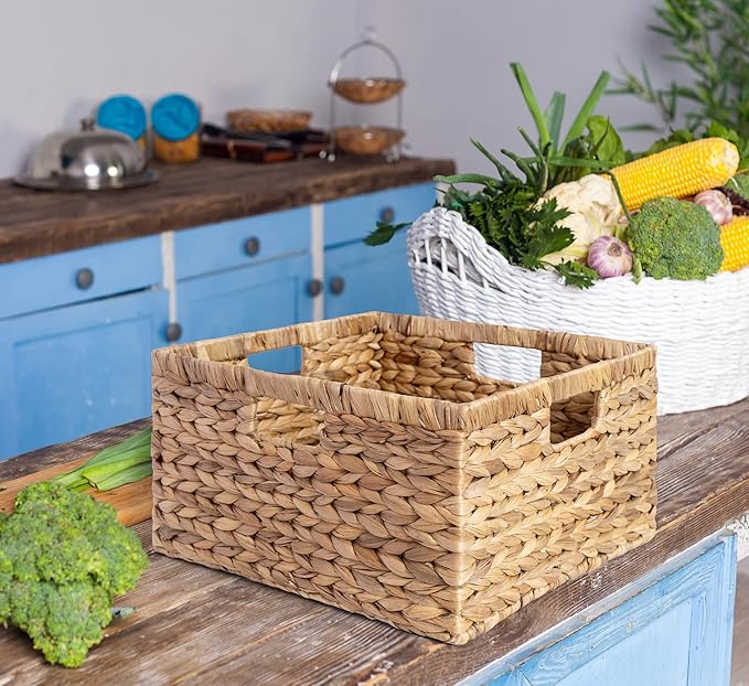 Large 14.5” x 13.5” x 8” (Set of 3) Natural Water Hyacinth Woven Storage Baskets, Rectangular Wicker Basket with Built-in Handles, Large (Natural)-Ruum Studio Home