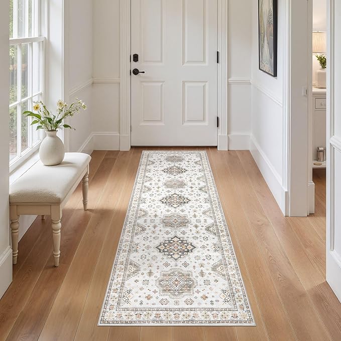 Washable 2x6 Runner Rug - Area Rugs Neutral Vintage Distressed Floral Farmhouse Boho Large Soft Floor Rug Indoor Carpet for Hallway Entryway Bedroom Kitchen - Blue Brown-Ruum Studio Home