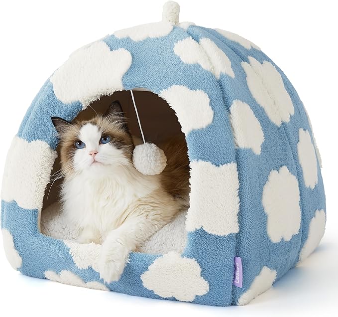 Lesure Cute Cat Beds for Indoor Cats - 2 in 1 Large Cat Cave Bed for Puppy and Small Dog with Removable Washable Cushioned Pillow, Cozy Kitten Tent with Non-Slip Bottom, Blue, 17.3 inches-Ruum Studio Home