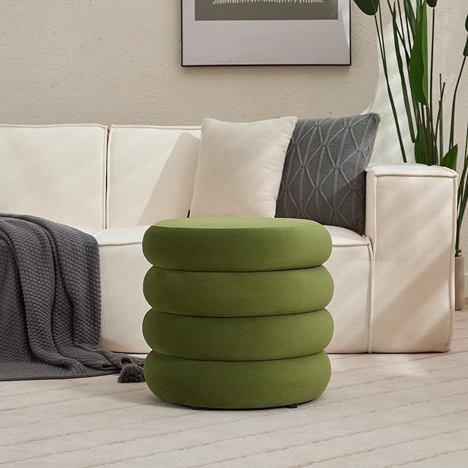 ONEVOG Round Storage Ottoman, 20" Small Ottomans Table with Removable Lid, Velvet Fabric Soft Footrest Stool for Couch, Upholstered Stuffed Circle Seat for Livingroom/Bedroom/Dorm/Vanity, Olive Green-Ruum Studio Home