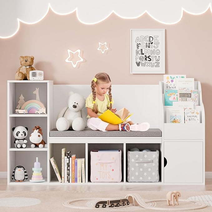 MU Kids Bookshelf with Reading Nook, Toddler Bookcase Bench with Seat Cushion and 7 Storage Cubbies, Kids Reading Nook for Boys & Girls, Toy Storage Bench Box for Bedroom, Playroom, Nursery, White-Ruum Studio Home