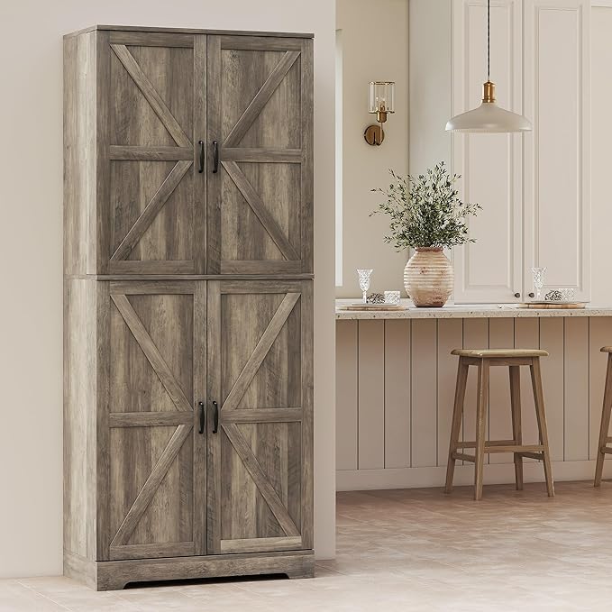 HOMCOM 72" Farmhouse Kitchen Pantry Cabinet, Freestanding Tall Storage Cabinet with 4 Barn Doors, 4 Adjustable Shelves and 8 Door Shelves, Gray Wash-Ruum Studio Home