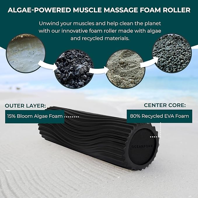 Oceanfoam Tidal Roller - Black - Muscle Massage Foam Roller for Back Pain & Stretching - Firm and Ergonomic Wide Wave Textured - Yoga, Athletics, & Wellness - Full Size, 20" x 5"-Ruum Studio Home