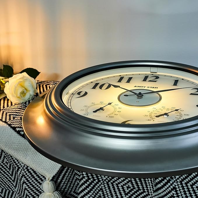 Andy Star 21 Inch Silver Illuminated Outdoor Wall Clock Waterproof with Thermometer and Hygrometer, Oversized Battery Operated Round Wall Clock, Big Silent Non Ticking Clock for Patio Pool Garden-Ruum Studio Home