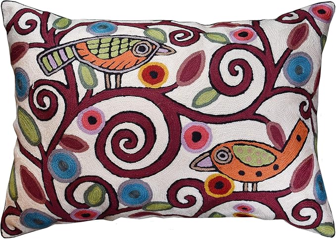 Lumbar Klimt Modern Pillow Cover | Cream, Multicolor Tree of Life, Birds, Floral Suzani Floral Pattern | 14" x 20" | 1 Count-Ruum Studio Home