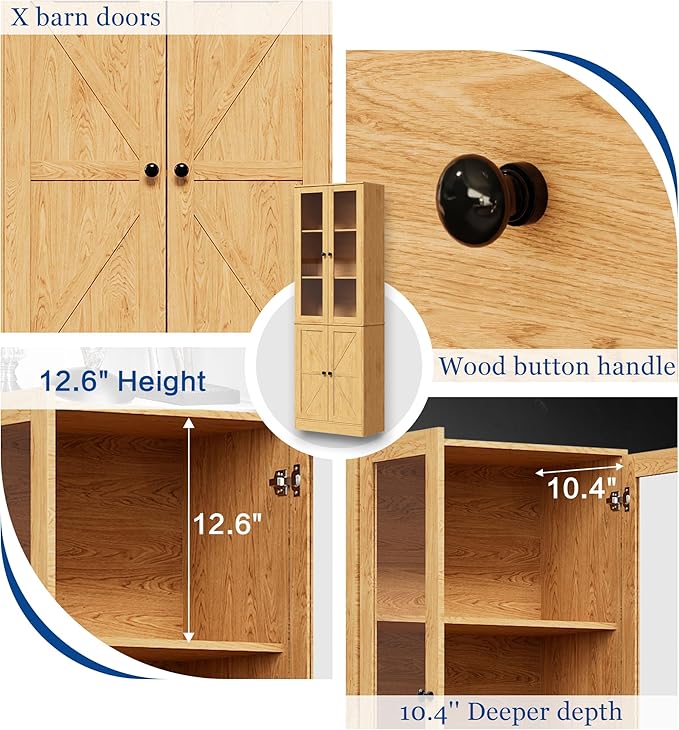 Bookcase with Doors, Tall Cabinets Storage Shelves, 5 Tier Bookshelf with Storage Cabinet, Light Wood Rustic Display Shelf Home Decor Furniture for Office, Living Room, Bedroom, Kitchen, Dining Room-Ruum Studio Home