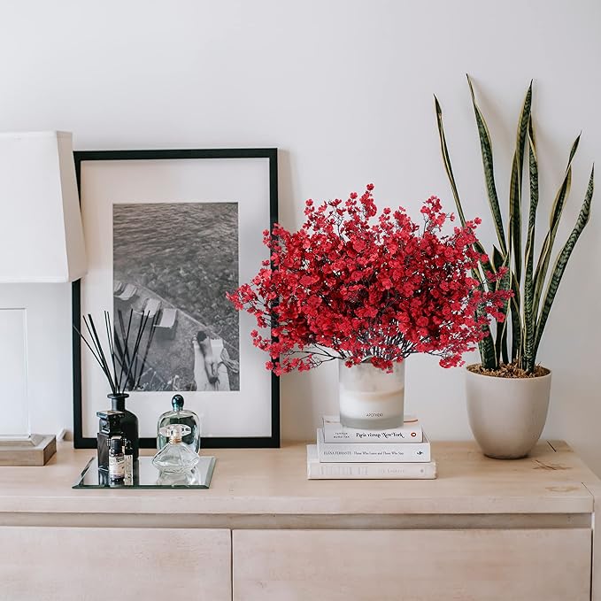 Sggvecsy 15 Pcs Babys Breath Artificial Flowers Gypsophila Bouquets Bulk Real Touch Fake Silk Flowers for Home Wedding DIY Floral Arrangement Kitchen Christmas Centerpiece Festival Decoration (Red)-Ruum Studio Home