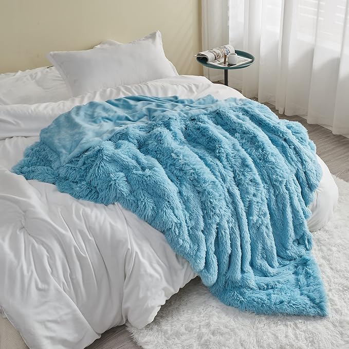 GONAAP Fuzzy Faux Fur Throw Blanket Twin Size Sky Blue Super Soft Cozy Plush Fuzzy Shaggy Blanket for Couch Sofa Bed (Sky Blue, Twin(60"x80"))-Ruum Studio Home
