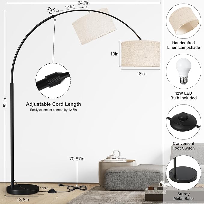 SUNMORY 82" Tall Arc Floor Lamps for Living Room, Large Floor lamp with Remote Control, Modern Curved Floor lamp, Corner Lamp for Dining Room, Office-Ruum Studio Home