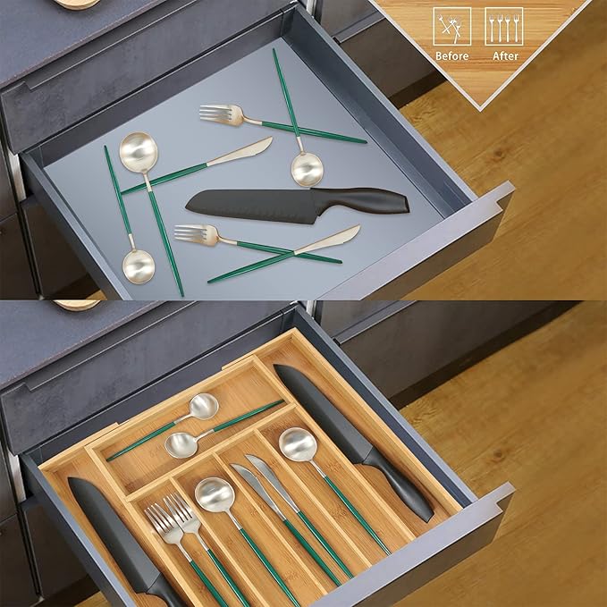 VaeFae Bamboo Drawer Organizer, Expandable Silverware Drawer Organizer, Cutlery Tray with Dividers for Kitchen Utensils, Medium-Ruum Studio Home