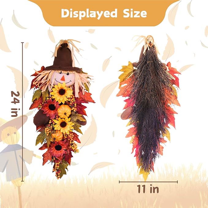 24" Rustic Fall Scarecrow Teardrop Swag – Farmhouse Sunflower & Pumpkin Wreath – Autumn Harvest Hanging Decor for Front Door, Wall, Porch, Indoor/Outdoor-Ruum Studio Home