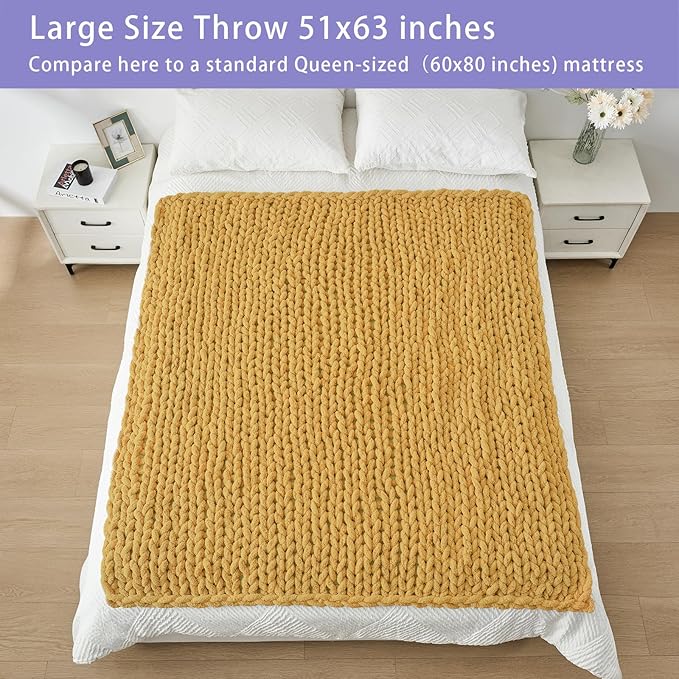 Bigacogo Chunky Knit Throw Blanket for Couch, 51x63 inches, 100% Hand Knitted with Thick Jumbo Chenille Yarn, Cozy Soft Large Rope Knot Cable Crochet Blankets for Sofa Bed Living Room, Mustard Yellow-Ruum Studio Home